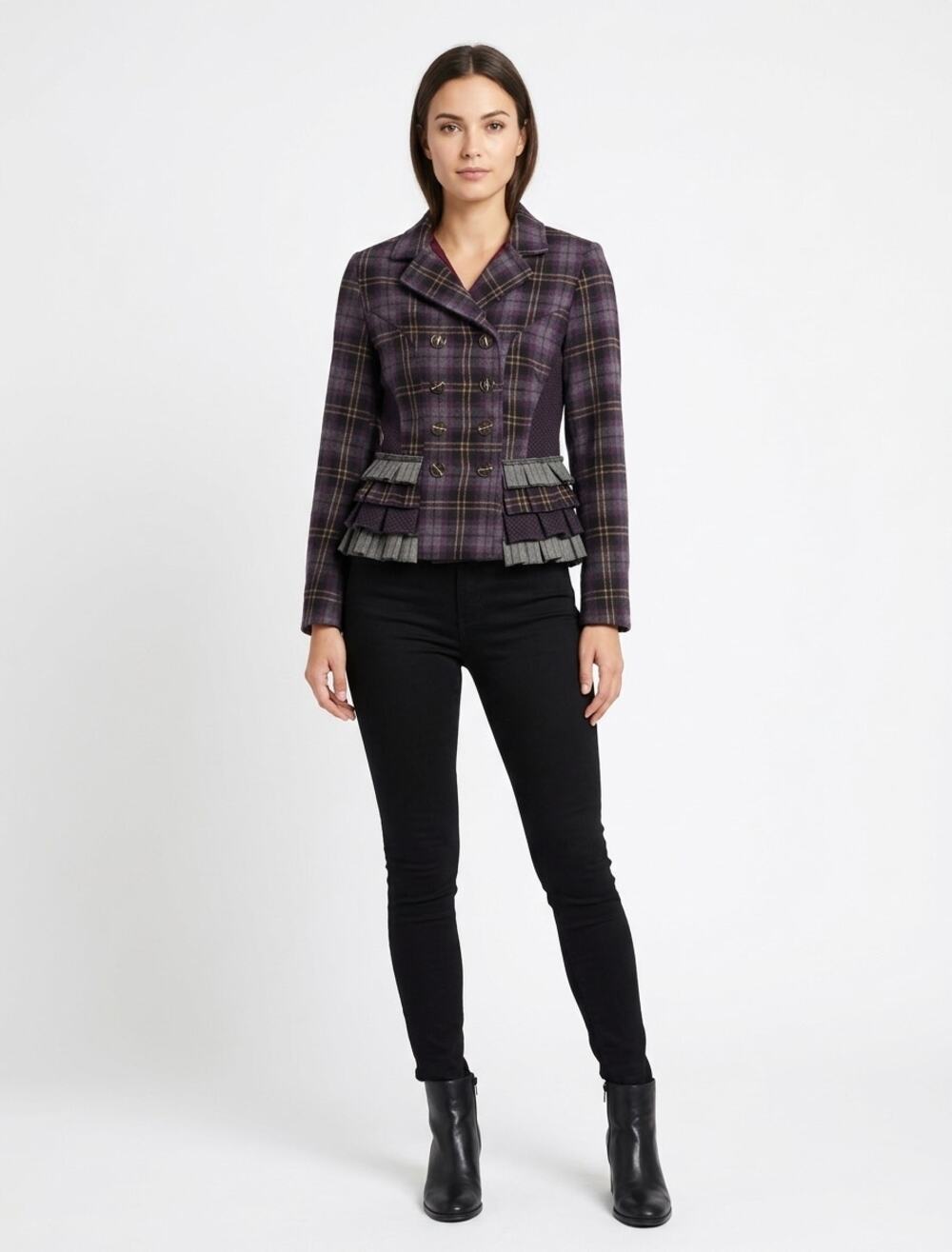 Hazel Anthropologie Women's Purple Gray & Black Plaid Double Breasted Jacket | M